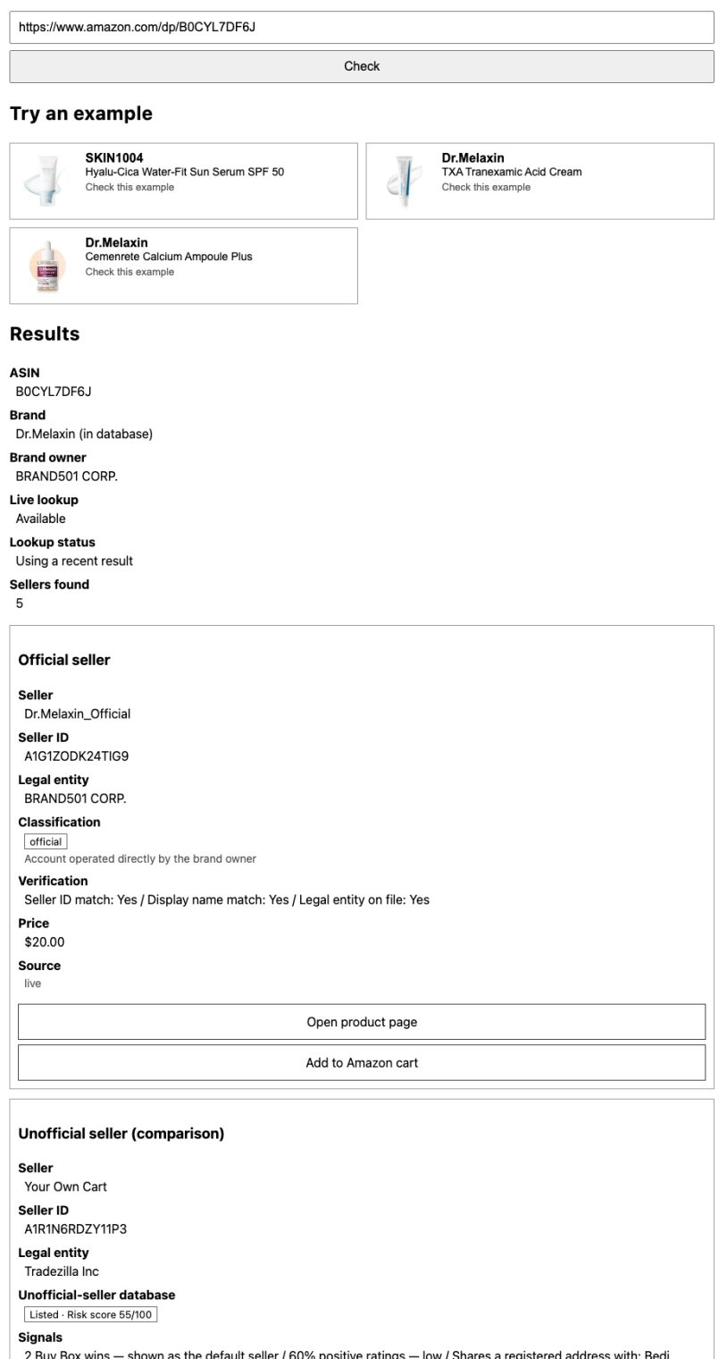 Checker result showing the official seller Dr.Melaxin_Official next to an unofficial reseller