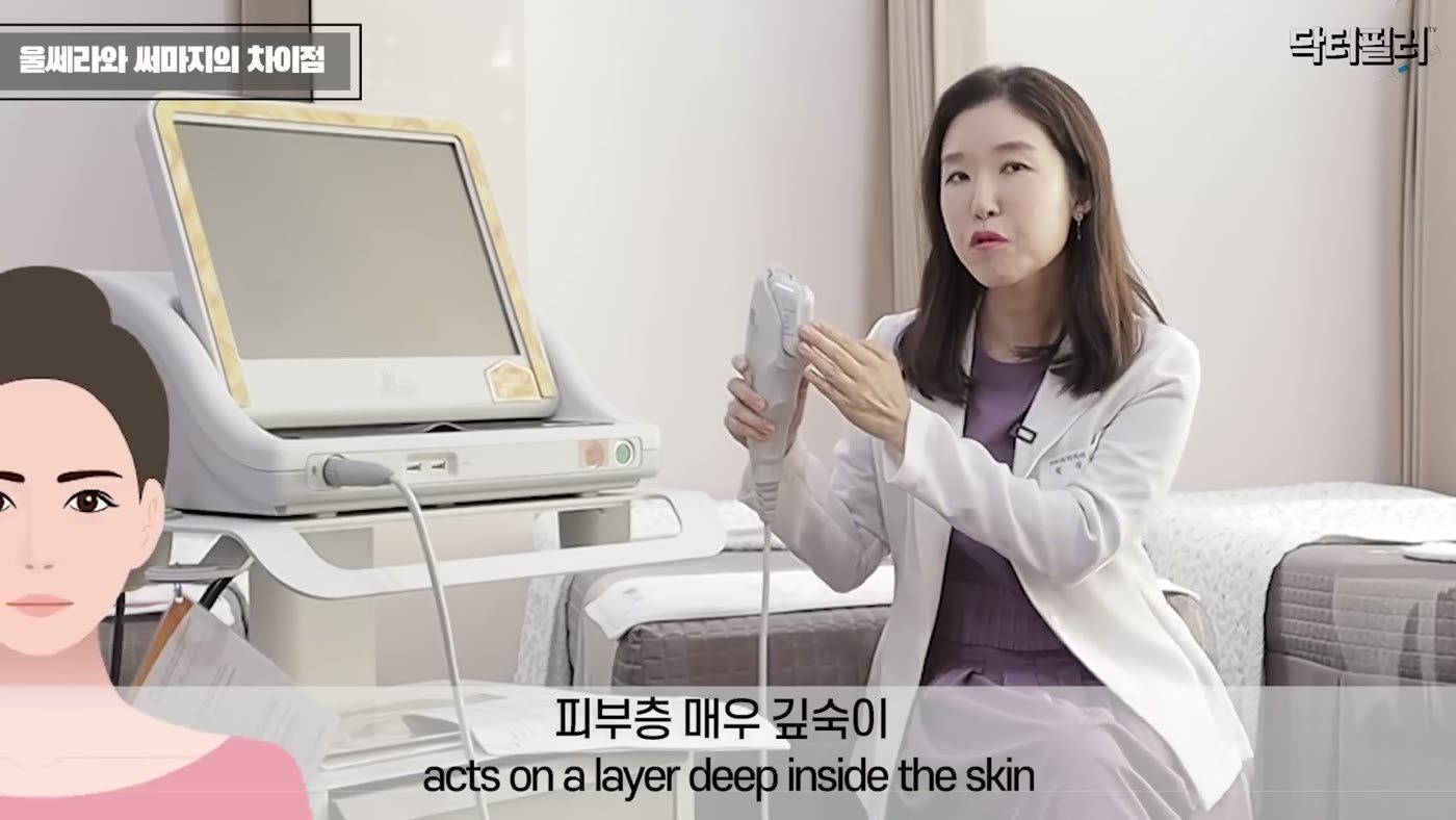 Video screenshot: An illustration showing Ultherapy ultrasound acting on a layer deep inside the skin, with Dr. Filler holding the handpiece