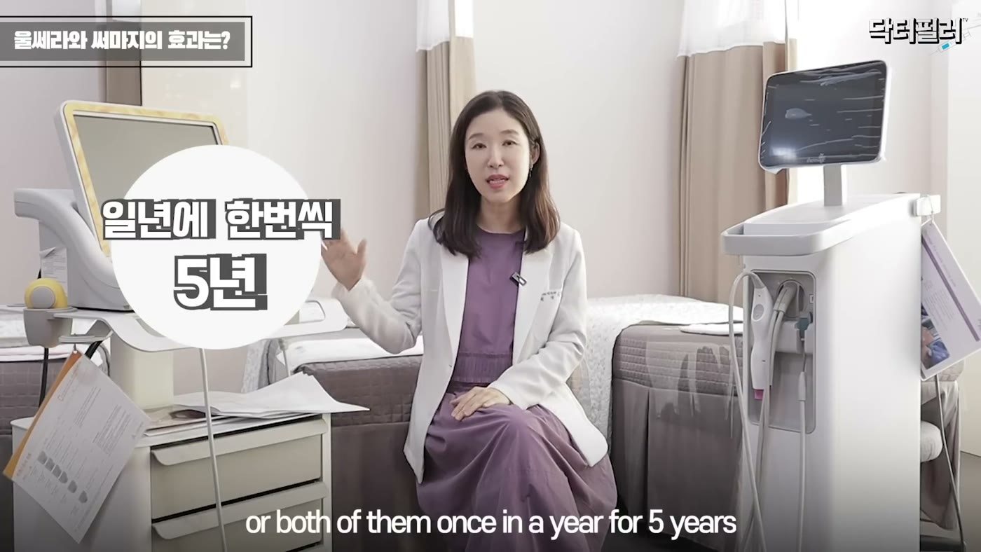 Video screenshot: Dr. Filler explaining the five-year comparison of getting treated once a year, with a “once a year, 5 years” graphic